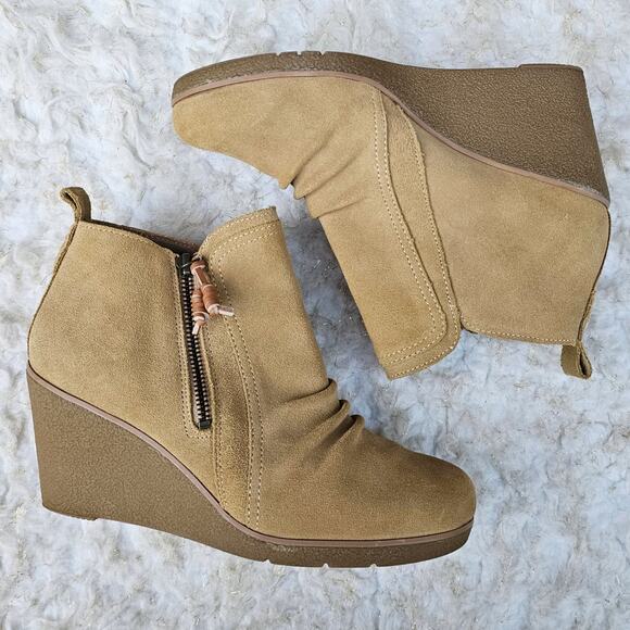 Ruched Suede Ankle Wedge Boot Sperry Harper Kara Bootie Size 8 Tan Leather Zip - Picture 12 of 13